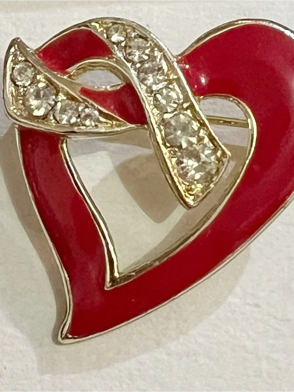 Red Heart Enamel Brooch Clear Rhinestones